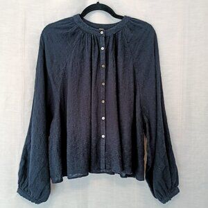 100% Cotton Free People Black Boho Embroidered Blouse - Balloon Sleeves
